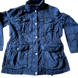 Vince Jacket Women chore coat utility Navy Blue Hooded Padded Elbow pockets